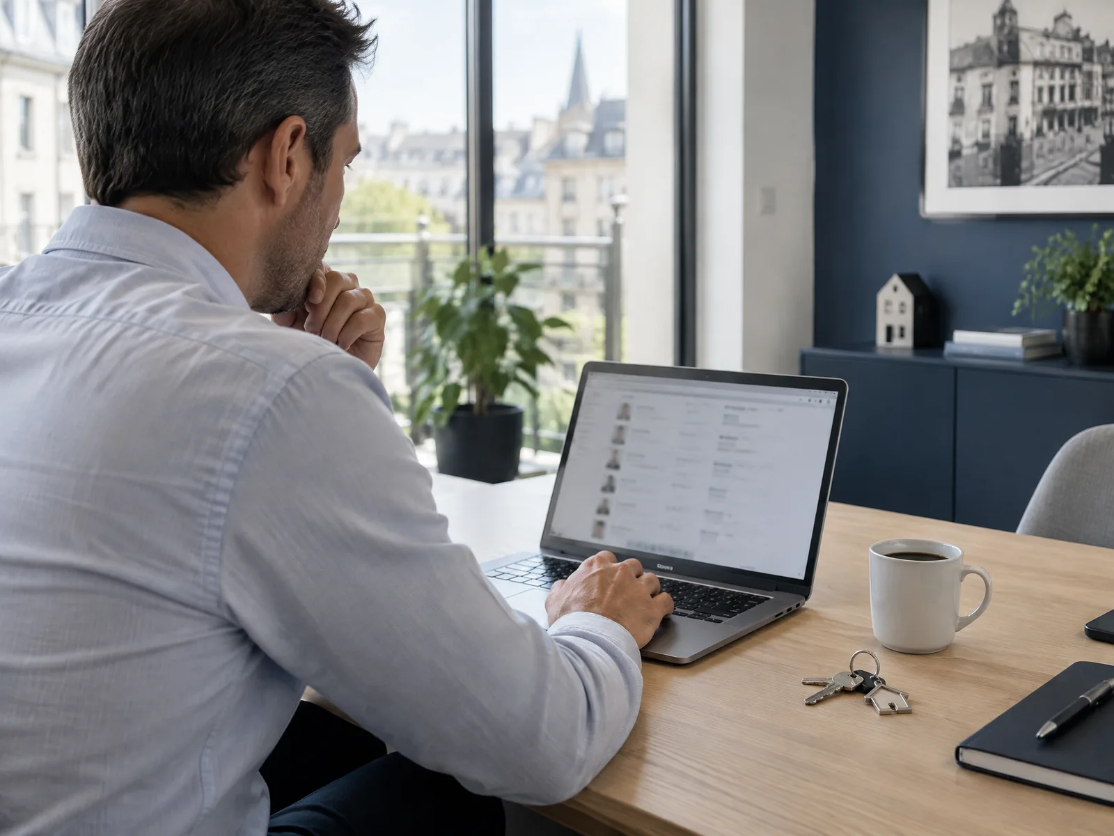 Agent immobilier consultant sa liste de prospects sur un ordinateur portable