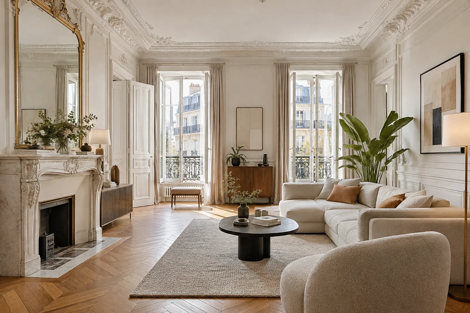 Salon parisien avec parquet point de Hongrie et cheminée en marbre