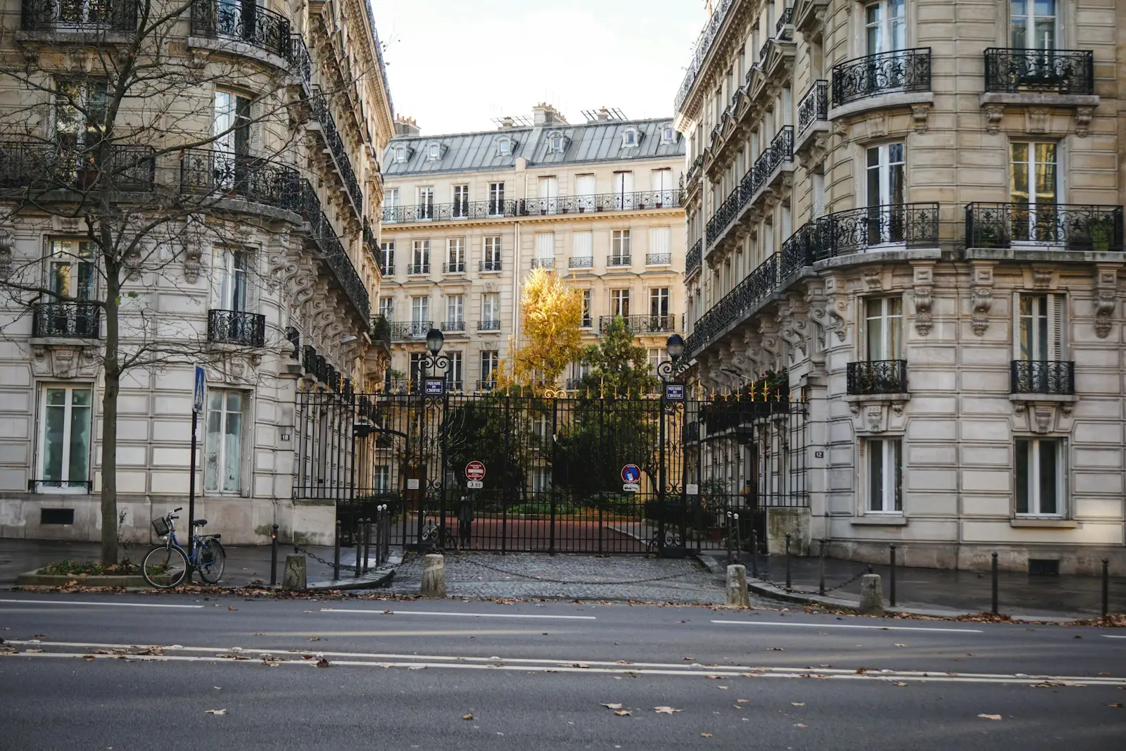 Rue résidentielle bordée d’immeubles haussmanniens en automne