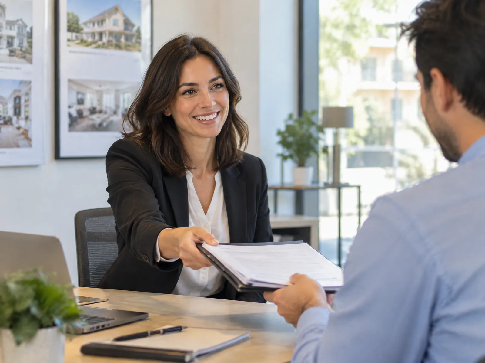 Agente immobilière remettant un dossier à un client